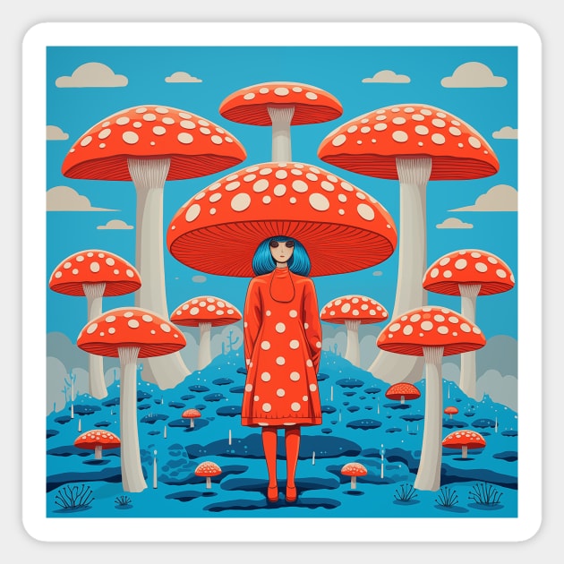 Red and Blue Retro Psychedelic Mushroom Sticker by EllTees